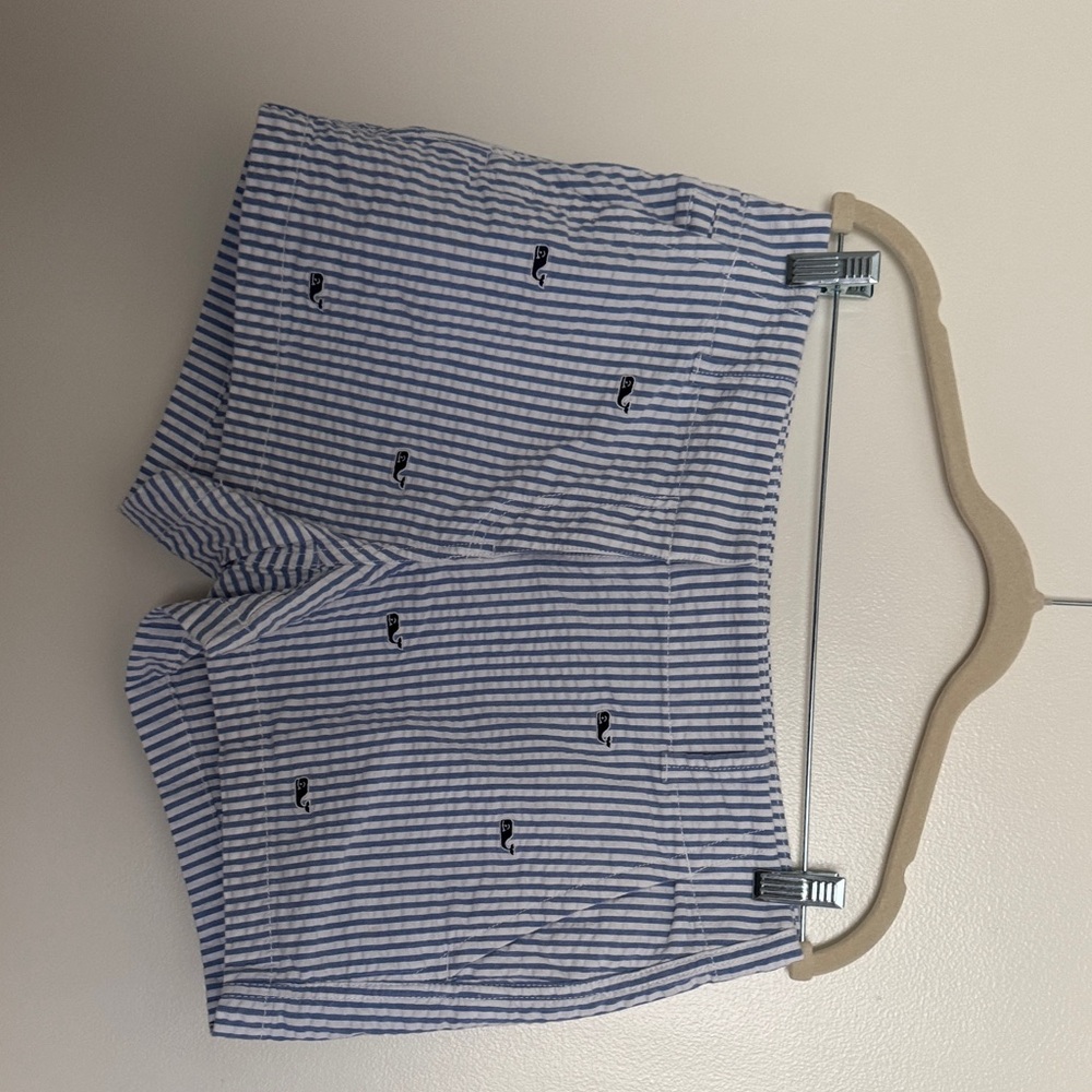 Vineyard Vines Blue and White Striped Seersucker Shorts with Whale Embroidery